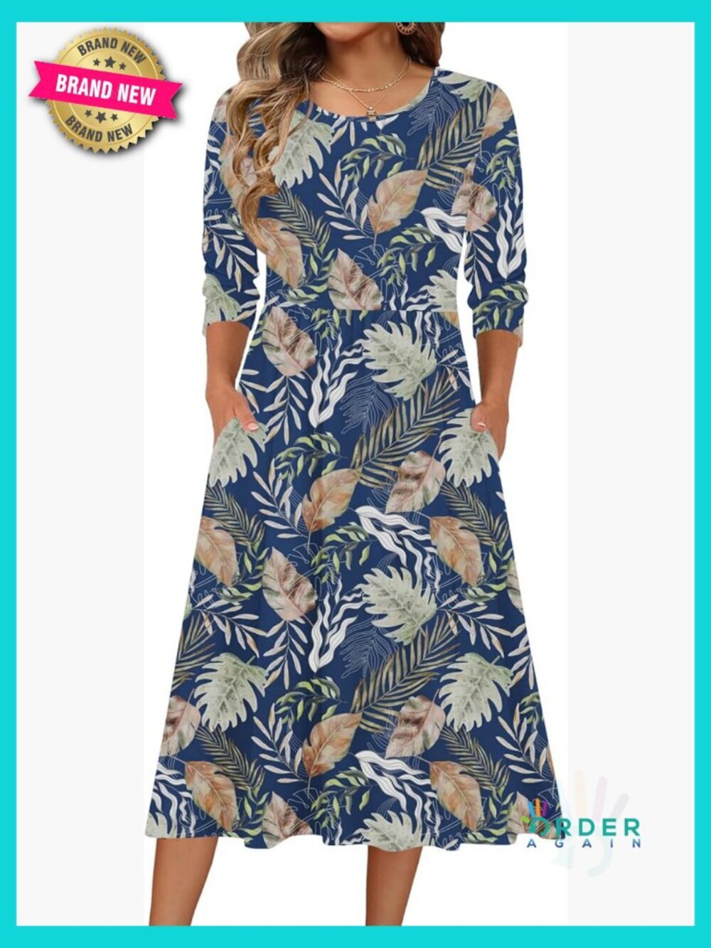 Flowy A-Line Midi Dress Casual Boho Chic 3/4 Sleeve T-Shirt Style with Pockets